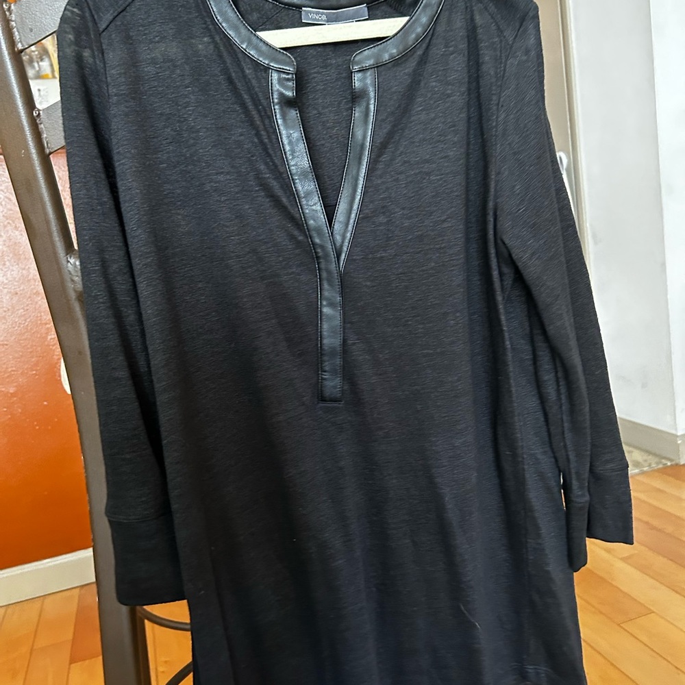 Vince Leather Trim Tunic Long Sleeve Top Black Size XXS